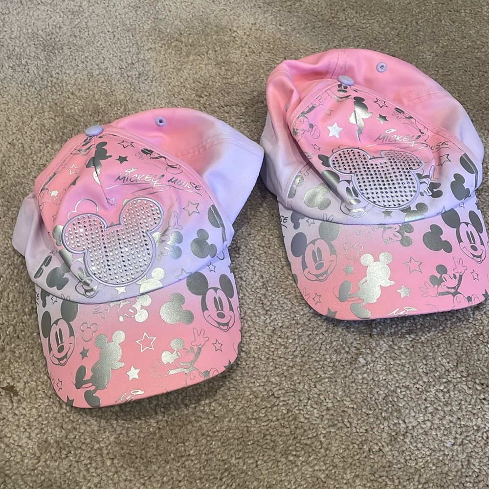 2 Disney Parks Mickey Mouse Ears Pink Sequins Bling Jeweled Baseball Cap Hat